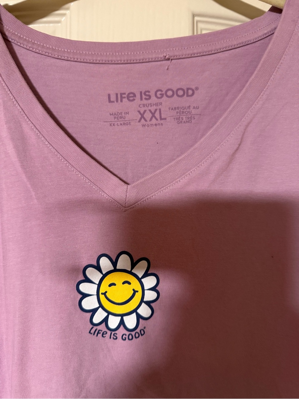 Life Is Good Lavender V-Neck Tee with Smiling Daisy